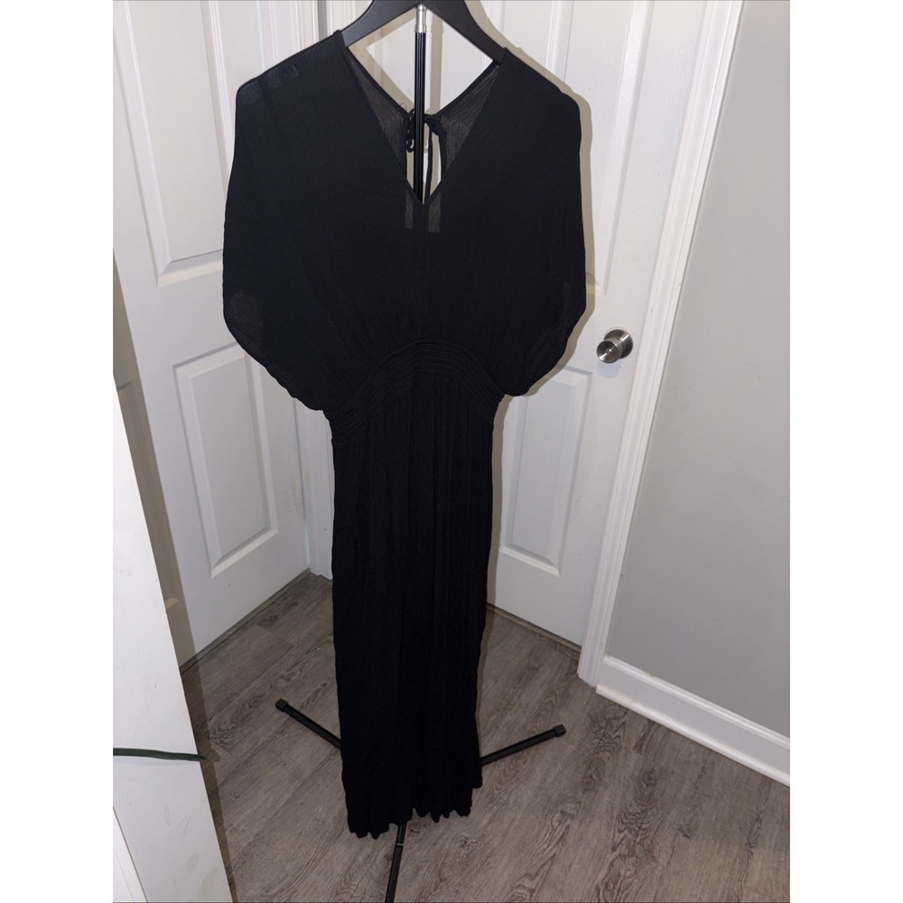 Nina Leonard Maxi Dress V-Neck Smocked Waist Black‎ Flowy Tie-Back Goddess EUC